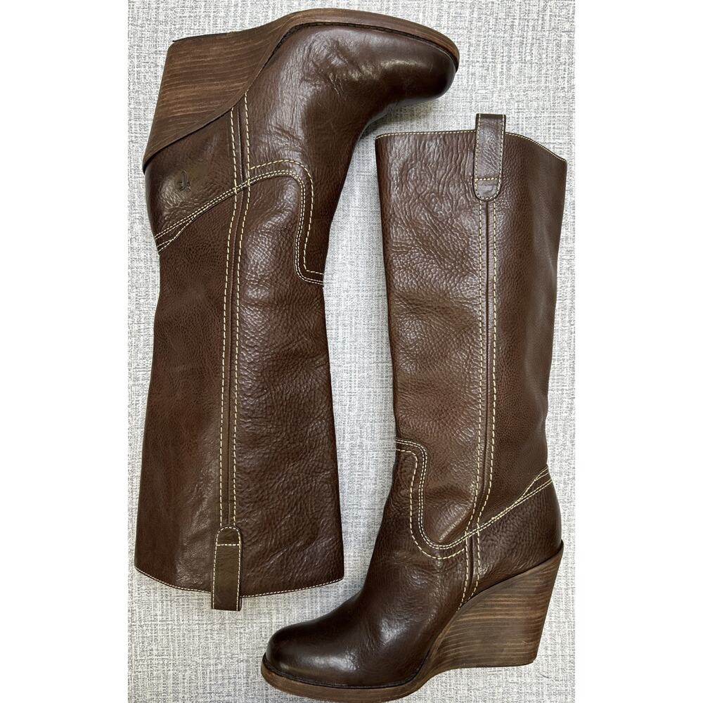 Frye Caroline Campus Mid Shaft Wedge Boots Women's Size 9.5 Brown Leather Heels - Picture 5 of 15
